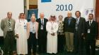 THE WHO'S WHO OF CARDIAC SCIENCES: The father of chronobiology professor Franz Halberg, 3rd from right, and other leading cardiac sciences experts pose for a group picture at the King of Organs 2010 conference in Al-Hasa on Tuesday. From left to right are: Jeffrey Ardell, Zohair Al-Halees, Paul Rosch, Kilmer McCully, Abdullah A. Abdulgader, Germaine Guillaume, Halberg, Rollin McCraty and Driss Maknoun. (AN photo by Imran Haider)